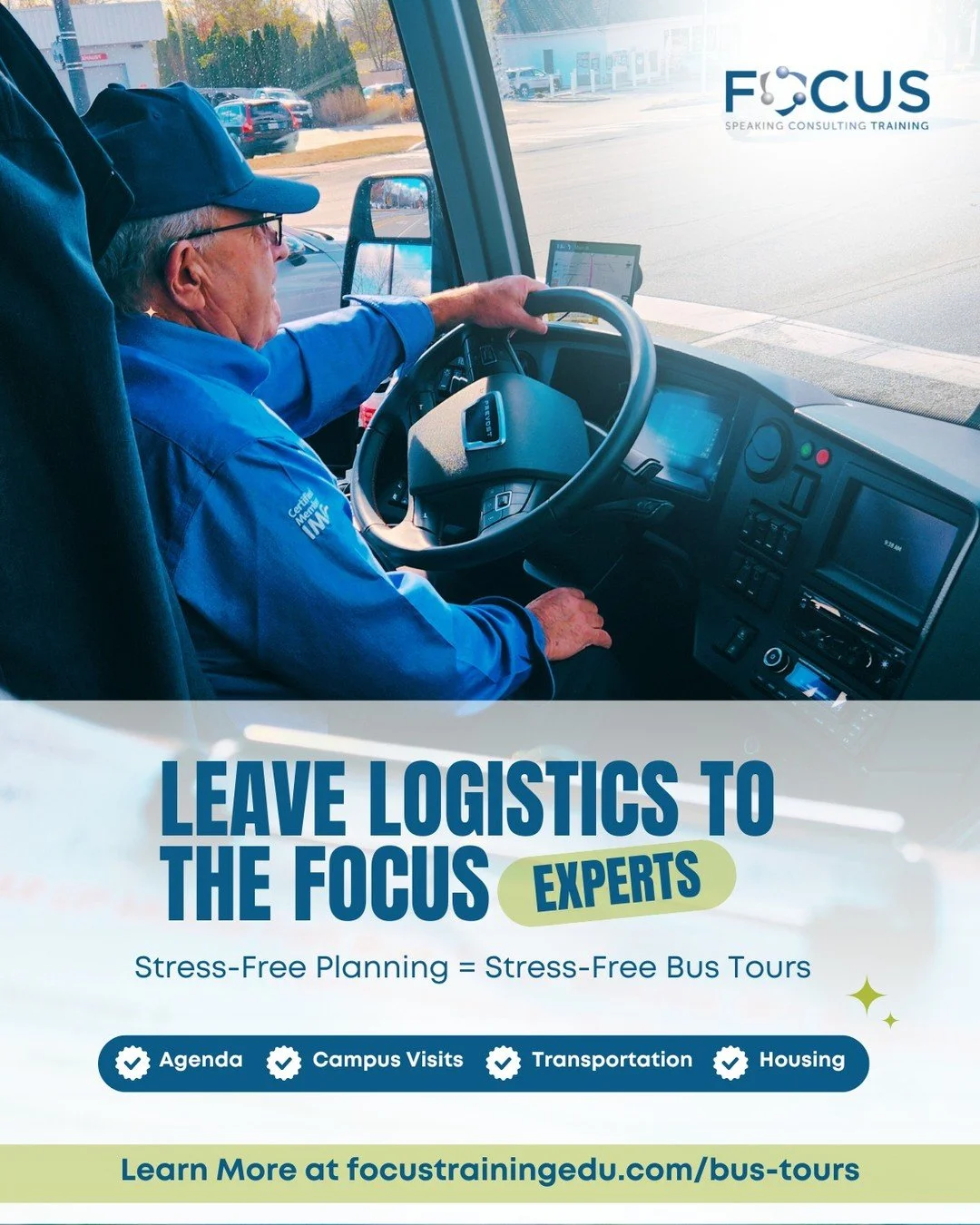 Take the stress out of bus tour planning by having FOCUS: 

✅ Build your custom agenda
✅ Design promotional materials
✅ Schedule campus visits and tour stops
✅ Arrange transportation, meals, housing, and overnight security
✅ Manage registration and r