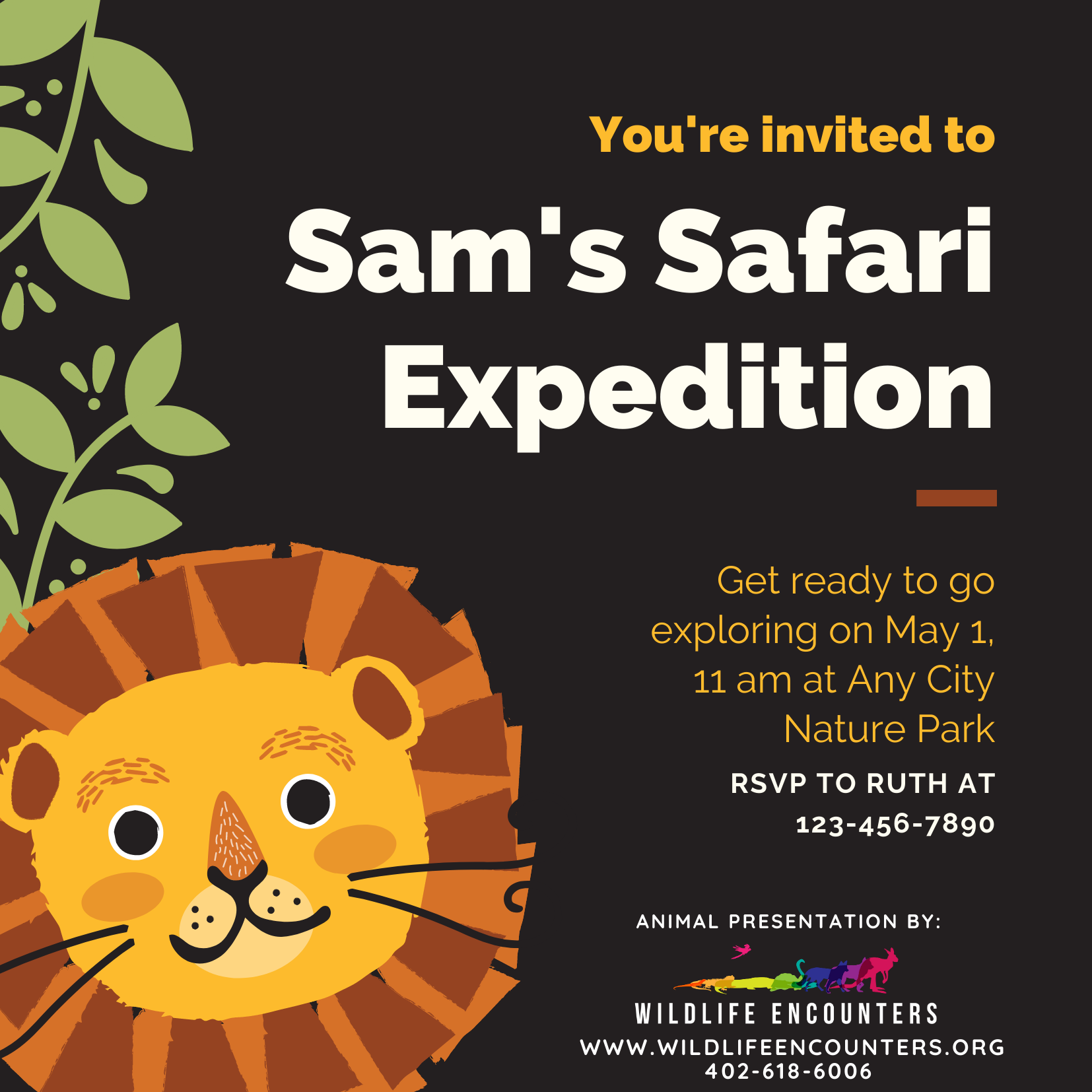 Black and Orange Illustrated Lion Safari Birthday Party Invitation.png