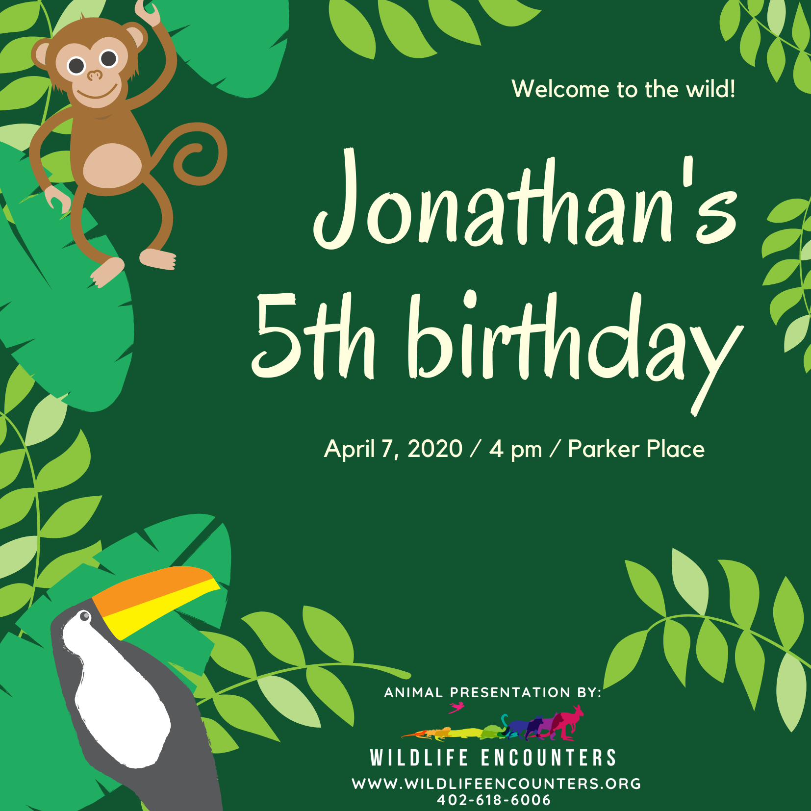 Green Leaves and Animal Safari Birthday Invitation.png