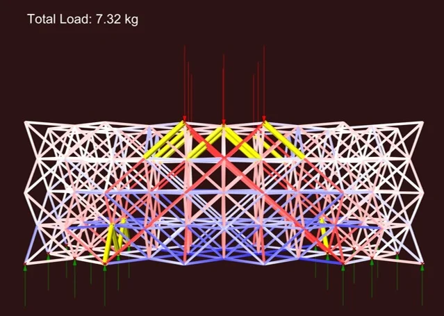 Three point bending simulation using Karamba tools for structural analysis (Yellow: Buckling, Red: Compression, Blue: Tension)
