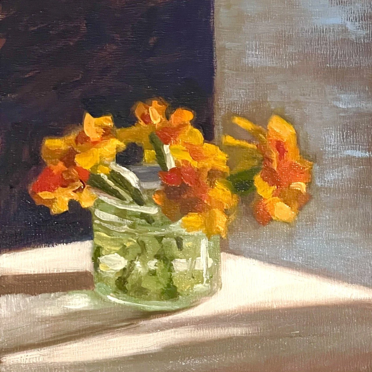 The Last Marigolds of Summer. 6x6 oil on panel.  $300. Available.  