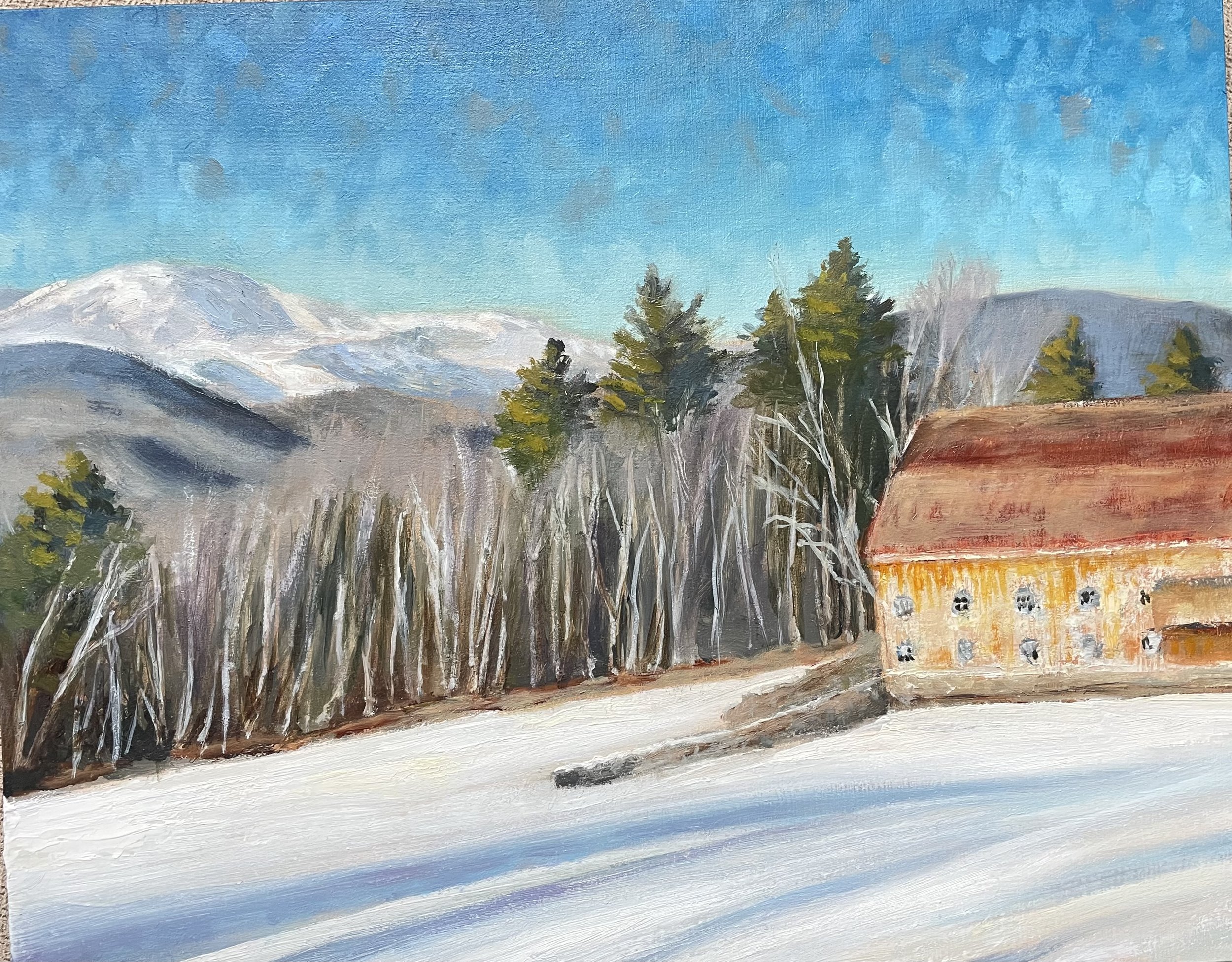 The Birches Salute Mt. Washington. 8x10 oil on panel. Available framed $650