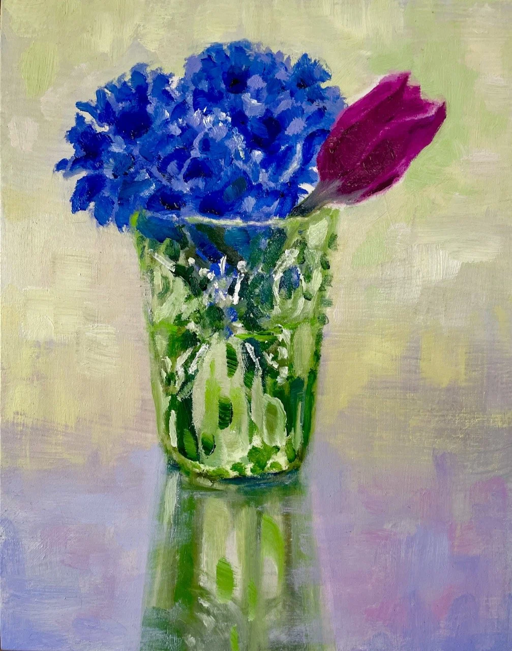 Hydrangeas in Antique Glass. 8x10 oil on panel. Framed. $600. Available.
