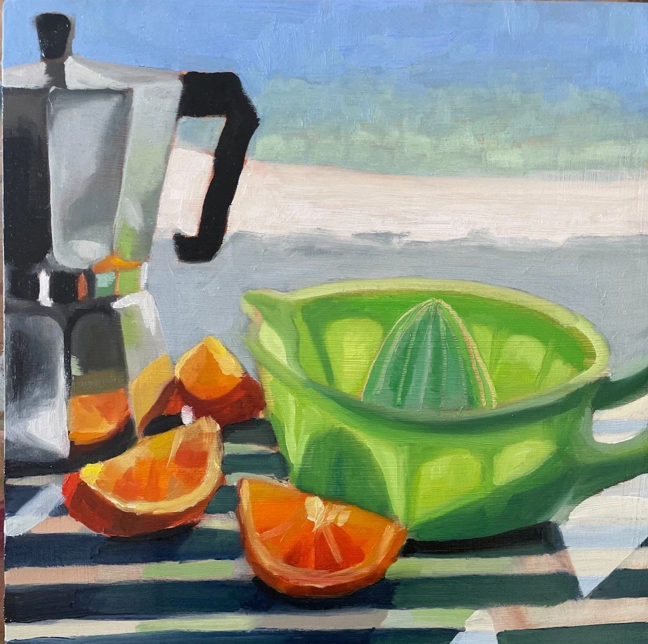 The Joy of Fresh Orange Juice.10x10 oil on cradled panel. $600. Available.