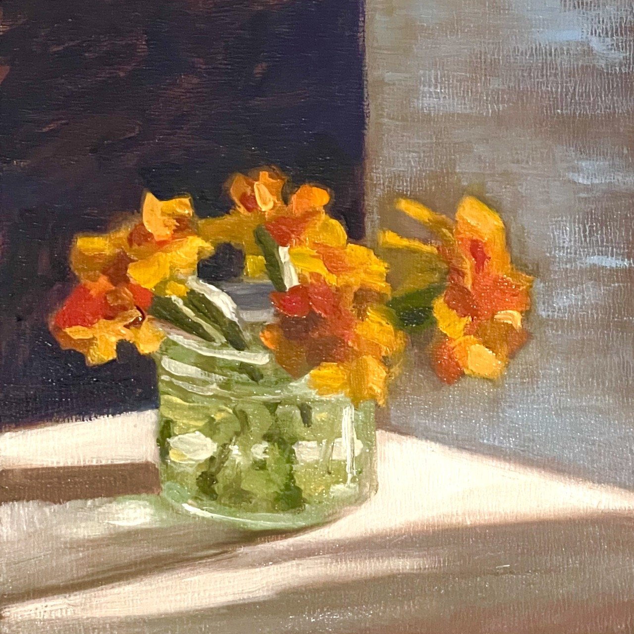 Last Marigolds of Summer. 6x6 oil on panel. $300