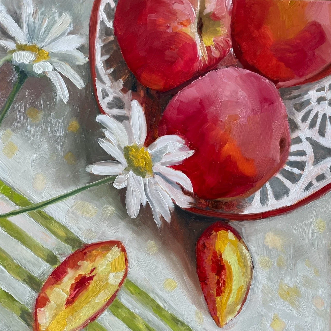 Summer Peaches. 12"x12". Oil on panel. $600