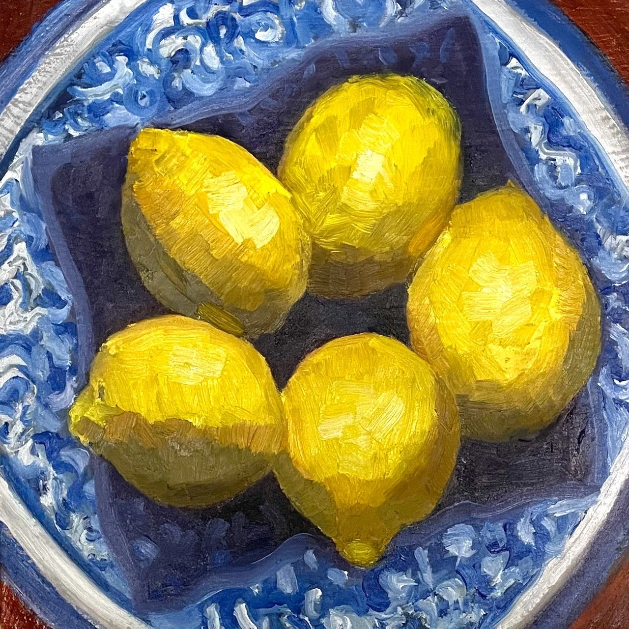 Lemons in a Spanish Bowl. 8x8 on cradled panel. $400. Available.