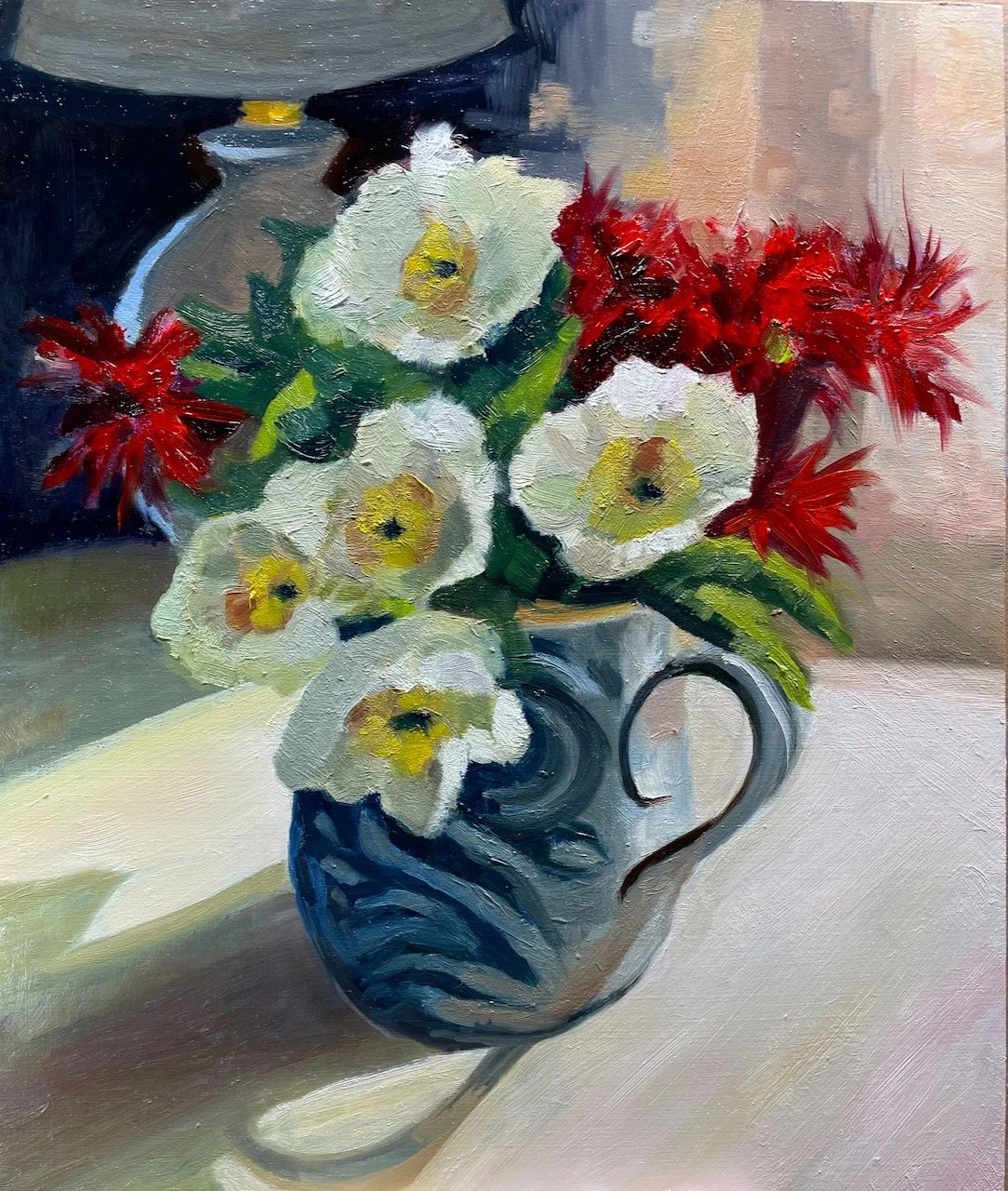 Anenomes and Bee Balm Late Afternoon. 10x12 Framed oil on panel. $800. Available.