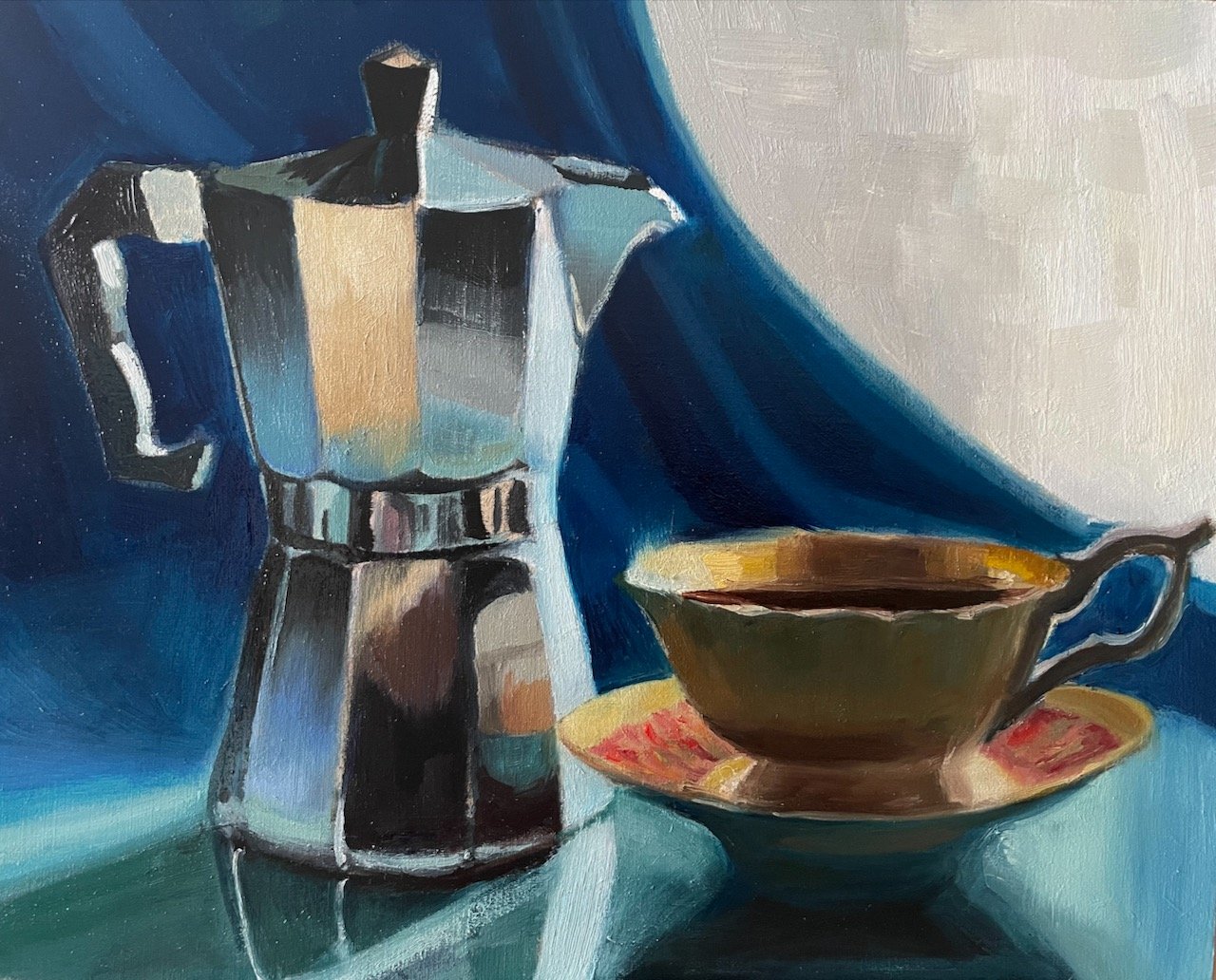 Coffee Reflections. 8x10 oil on panel. $480. Available.
