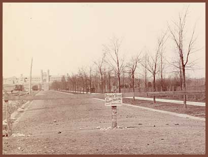 View west down Lindell from deBaliviere, April 7, 1902. The sign says "Private Street No Hauling Permitted". Washington University's Brookings Hall is in the distance. --Photo in the private collection of E. Taylor; reproduced with permission.