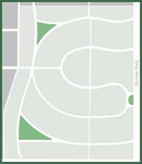 Pitzman's Parkview design. Dark green areas are the neighborhood's parks. --Digital map © C. Kirmaier 2004, reproduced with permission