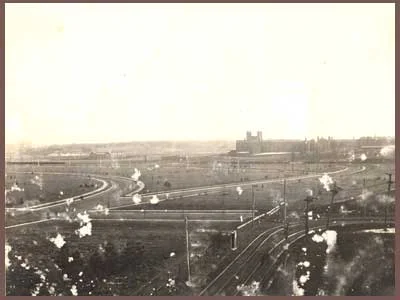 Looking southeast ca. 1906-07 at the intersection of Center St with Westgate and Waterman, and Center's termination on the western edge of Parkview at the street car line. Westgate Ave continues diagonally to the right to the distant curve around Pershing Park. Washington Univ. is just beyond. Parkview may have been a very different place, or never existed, had a scheme to build a bullfighting ring in this very area where Westgate, Waterman and Center meet come to fruition. The origin of this proposal is not clear, possibly a "wild idea" for the World's Fair. Urban legend further has it that the prospect was instrumental in U. City's passing of an ordinance banning bullfighting and bear-baiting shortly after its incorporation. ---Photo from the Archives of the University City Public Library, reproduced with permission. Visit the Library's website to see other historic Univ. City photos.