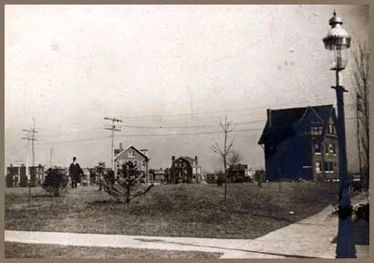 Jesse H. Ambler stands on his newly purchased vacant lot at the corner of Washington and Center in the spring of 1909. Jesse and Sarah Ambler were recent St. Louis transplants from Pittsburgh. The home they built remained in their family for over 80 years, passing to their son who raised a family and lived in the house until his death in 1993. --From the Ambler collection in the Parkview Archives.