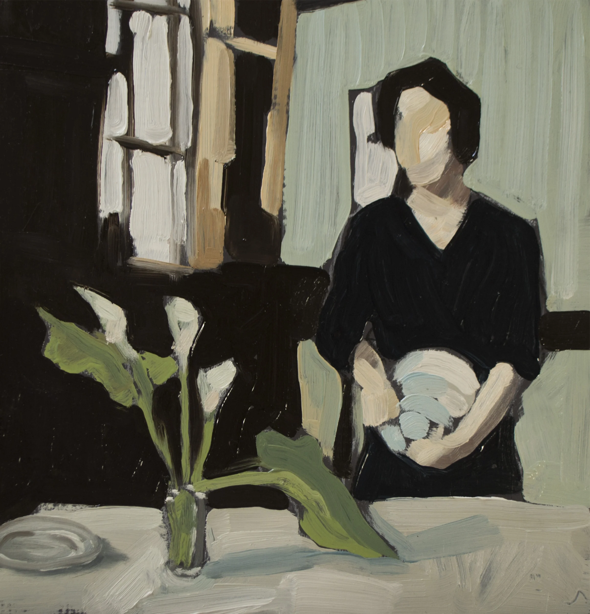 Lady and Table Lily (Vigil One), 2016, Oil on Board, 230 x 240