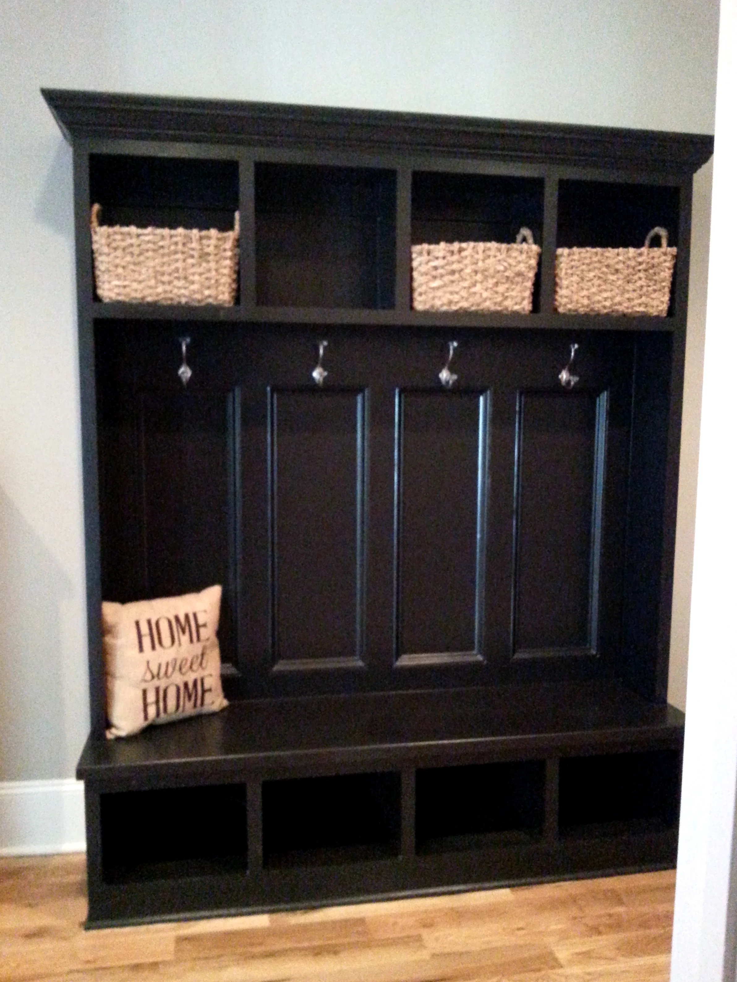 Mud Bench with Recessed Panel Detail, Open Cubbies, and Crown