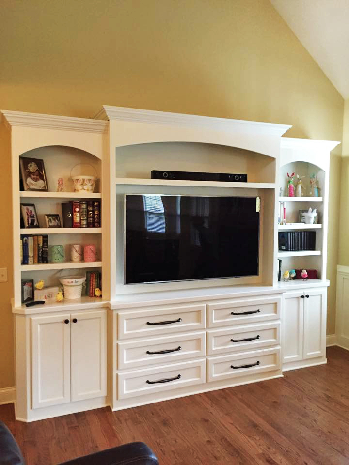 Built-In with Arch Detail, Adjustable Shelves, TV Opening, Shaker Doors & Drawers, Clipped Corners, and Crown