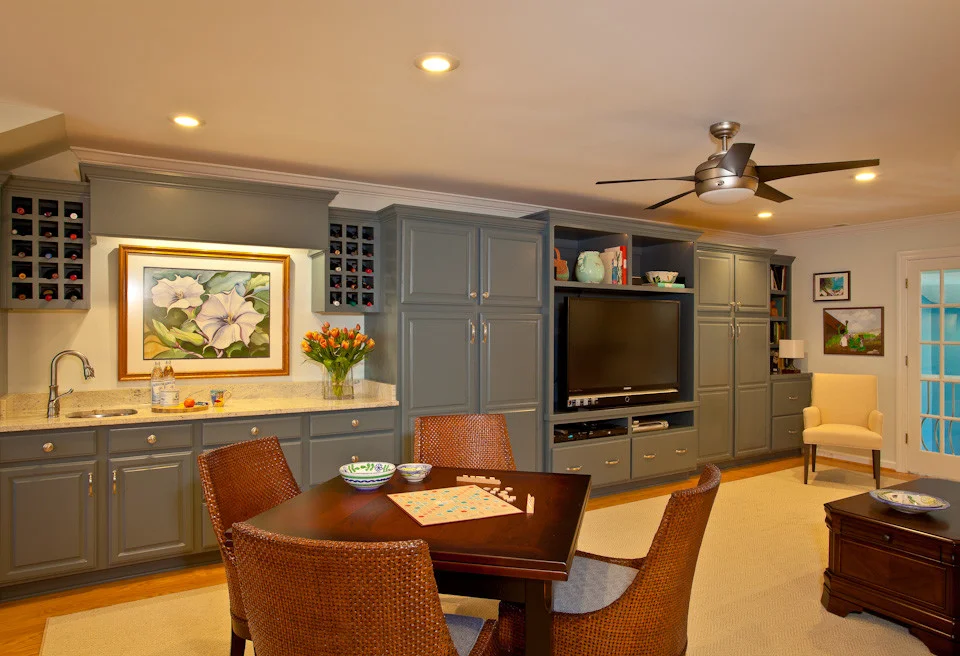Built-In with Raised Panel Doors, Slab Drawers, TV & Console Openings, Wine Racks, and Crown