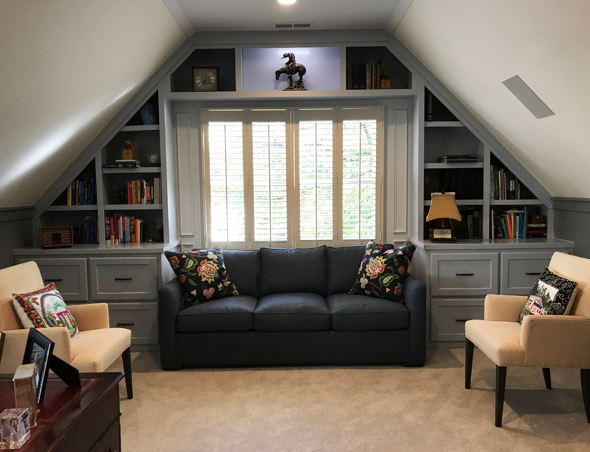 Gable Built-In with Fixed & Adjustable Shelves, Shaker Drawers, and 1-By Crown Detail