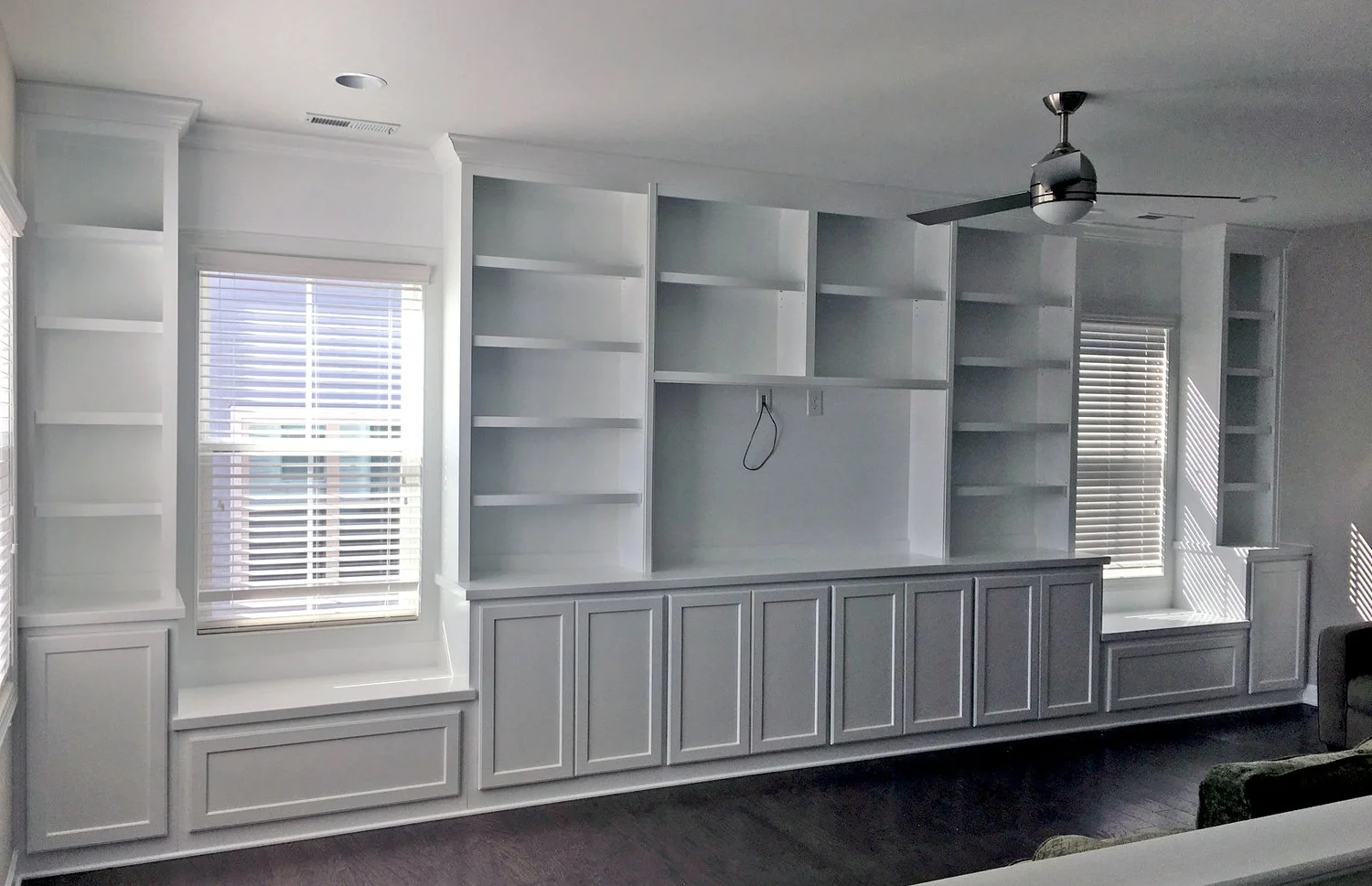 Built-In with Shaker Doors & Drawers, Adjustable Shelves, TV Opening, and Crown