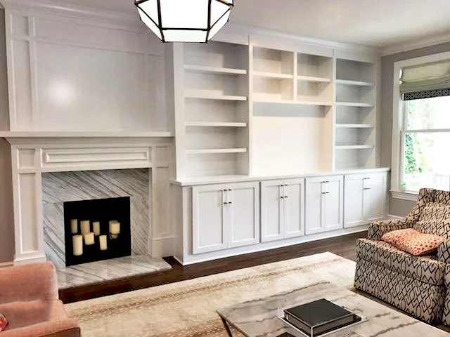 Fireplace Built-In with Adjustable Shelves, TV Opening, Shaker Doors, and Crown