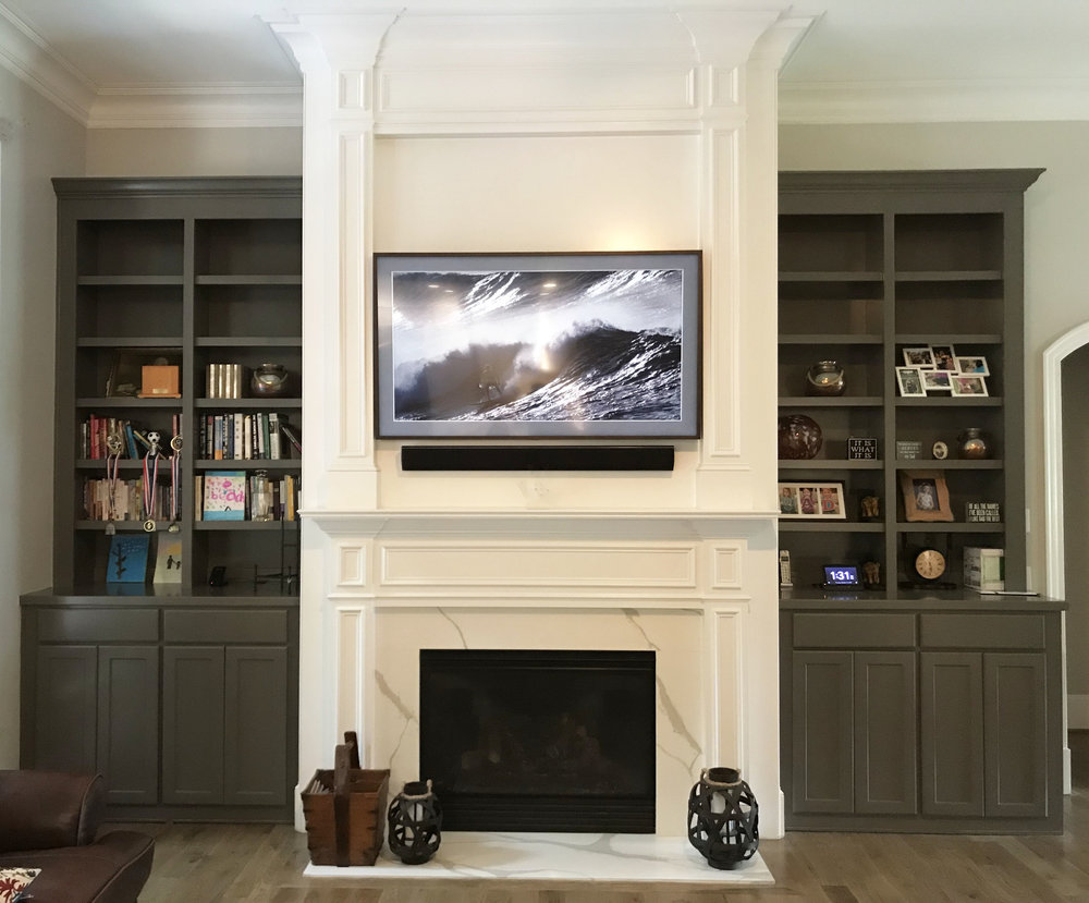 Fireplace Built-Ins with Adjustable Shelves, Shaker Doors, Slab Drawers, and Crown