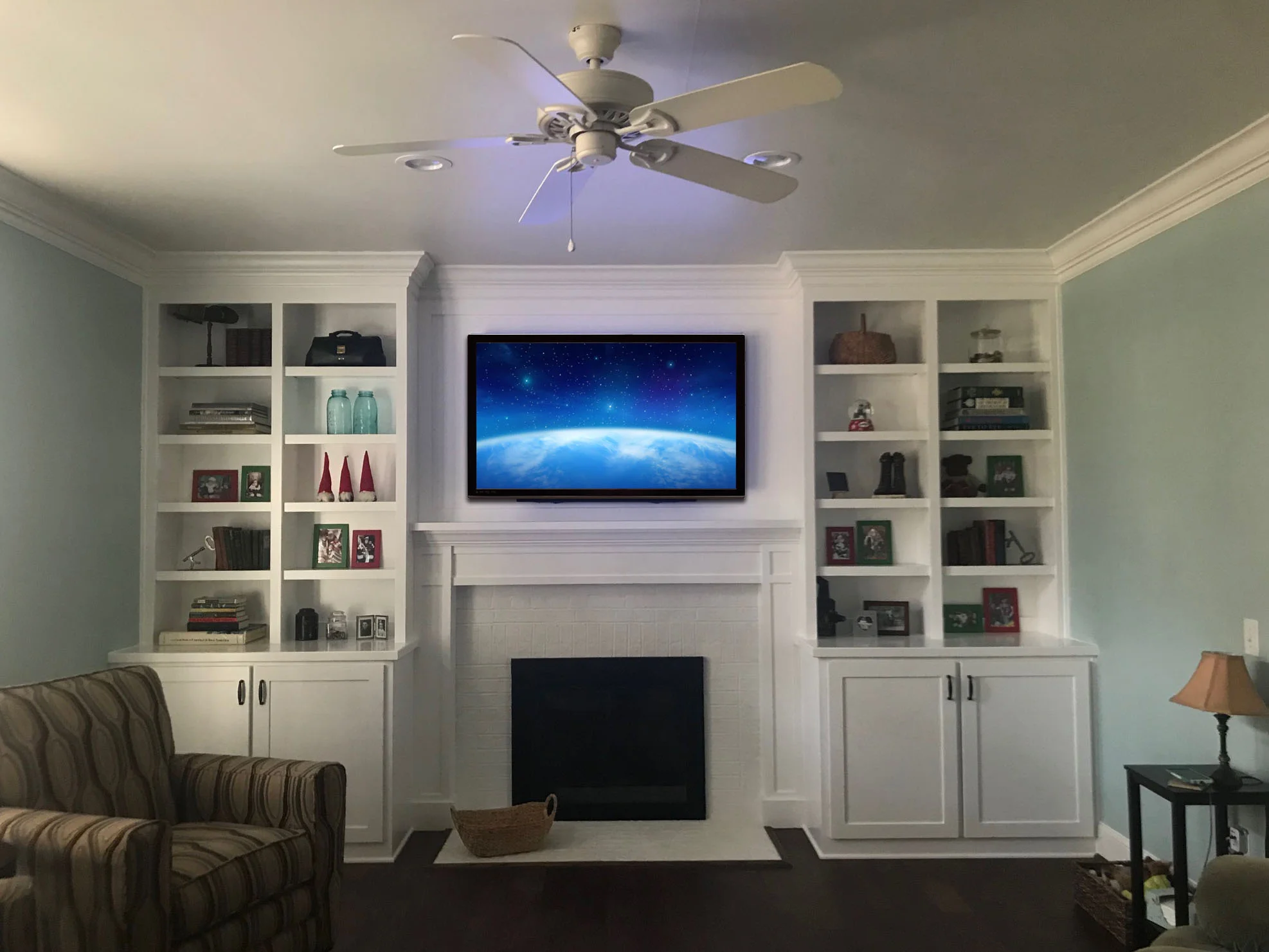 Fireplace Built-Ins with Shaker Doors, Adjustable Shelves, Upper Mantel 1/4” Panel, and Crown
