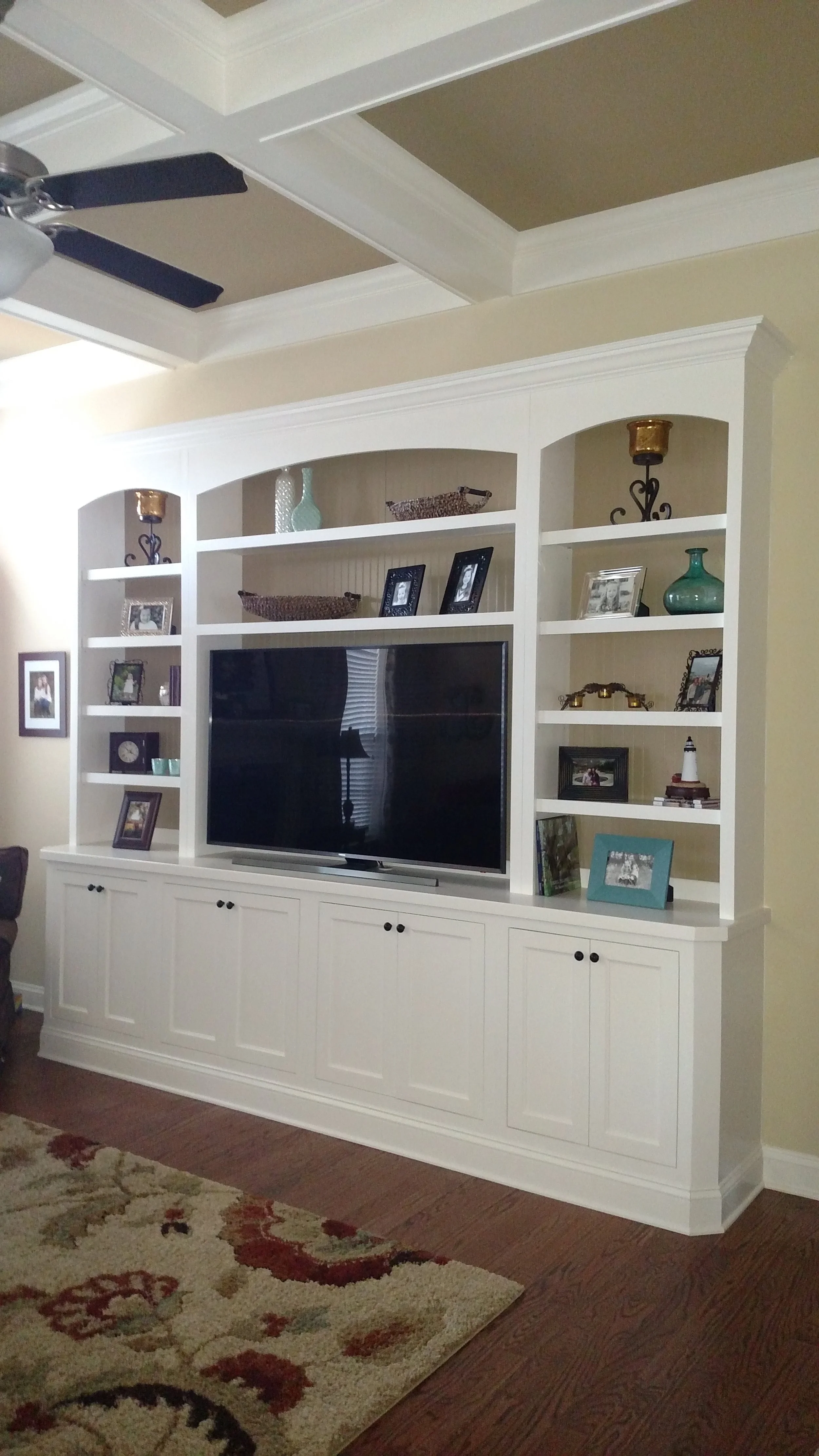 Built-In with Clipped Corners, Beadboard & Accent Backer, Inset Shaker Doors, and Arches