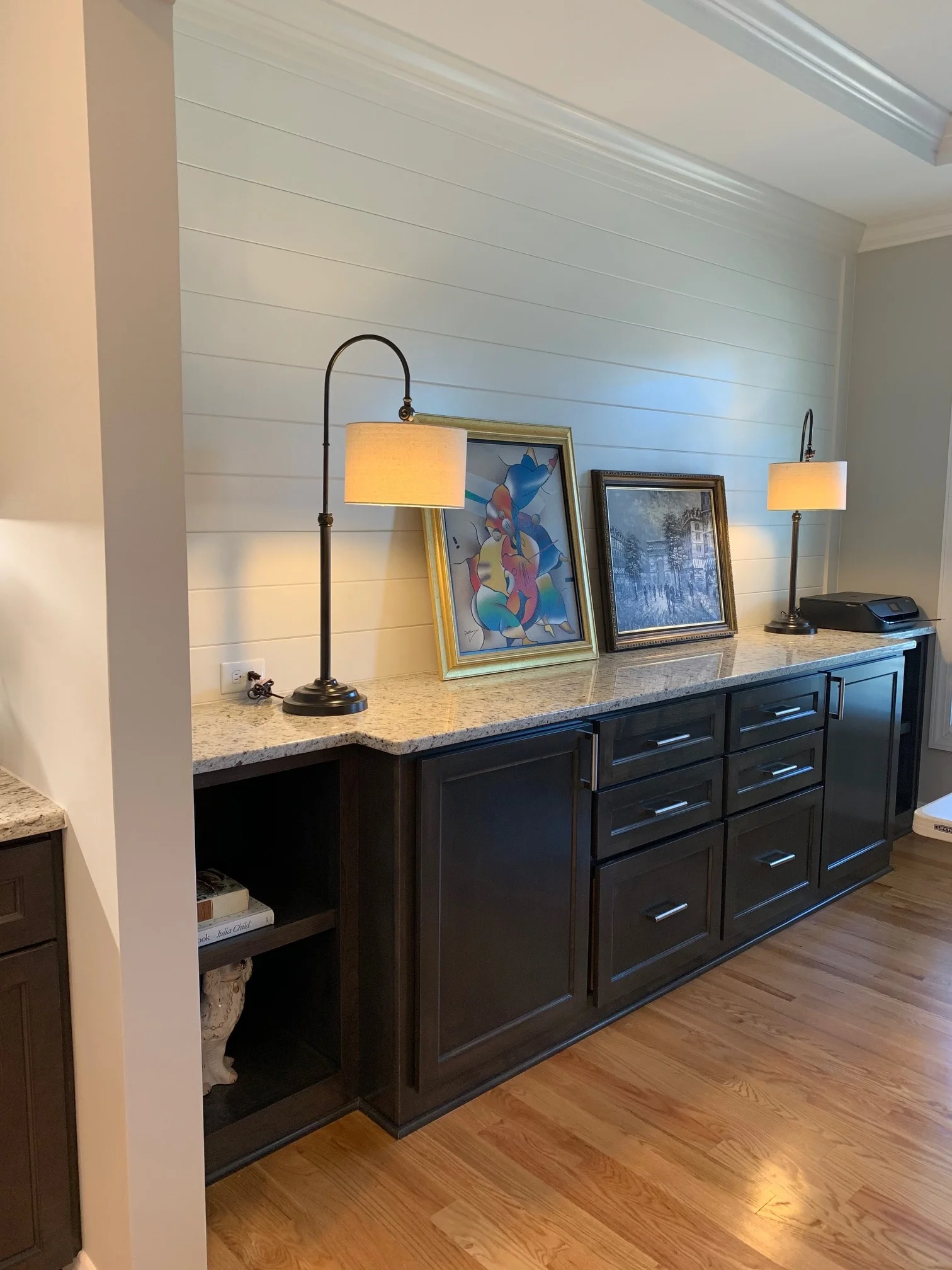Base Built-In with Shaker Doors & Drawers, Shiplap, and Crown (Granite by Other)