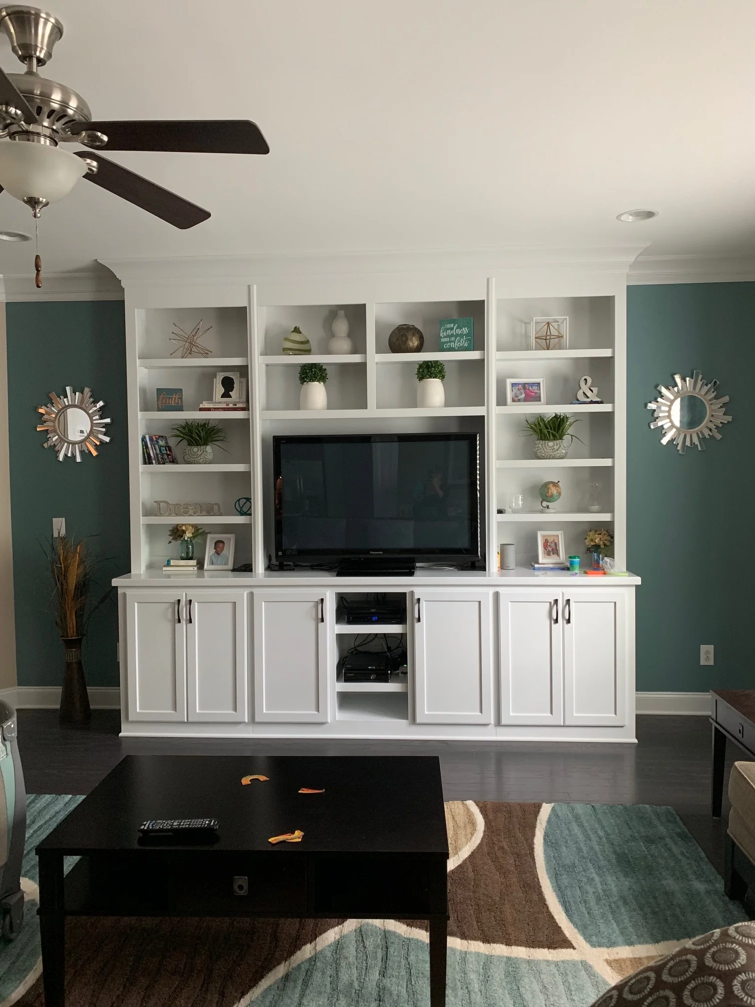 Living Room Built-In with TV Opening, Shaker Doors, Adjustable Shelves, Component Openings, and Crown