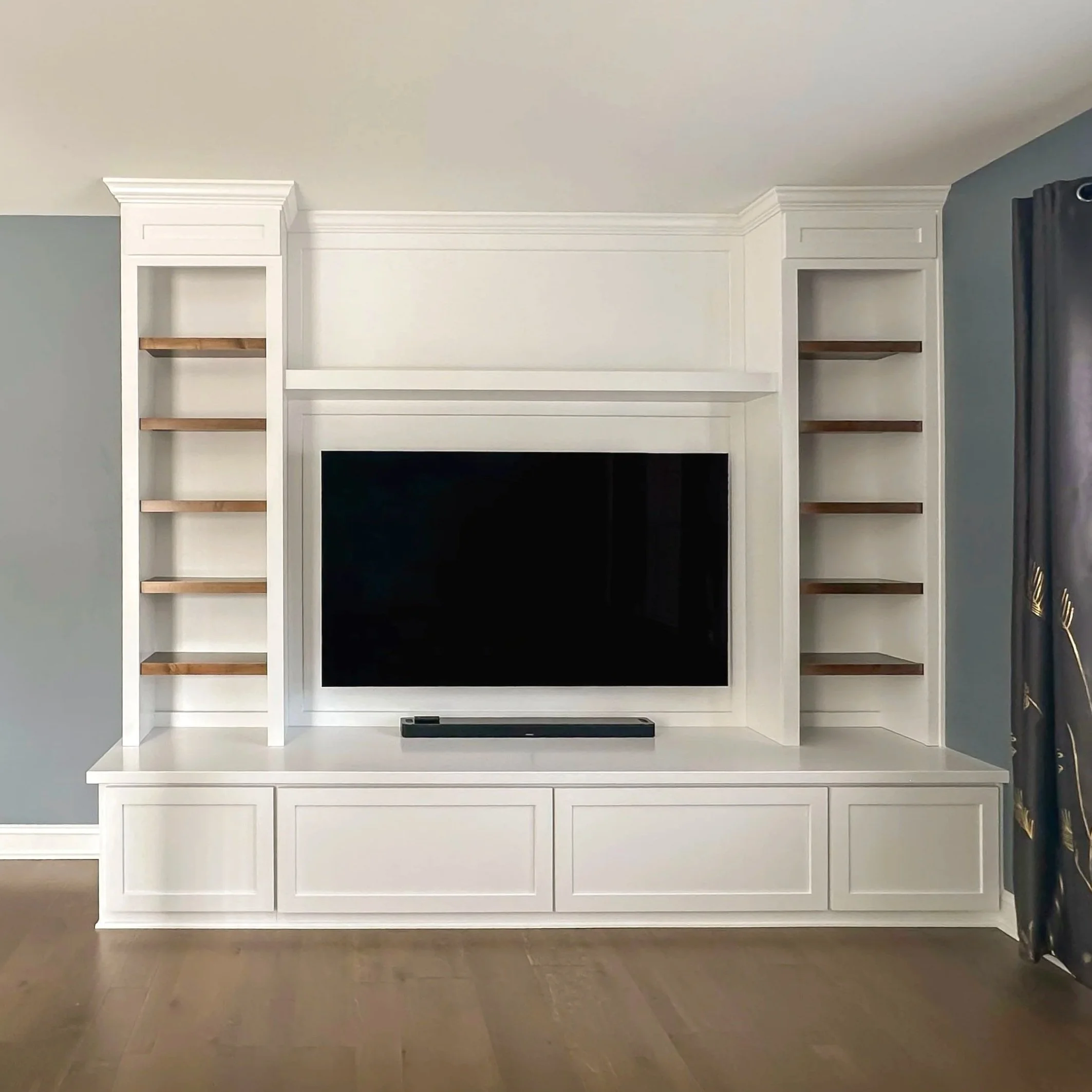 PaintePainted TV Built-in with Stained Shelvesd Built-in with Stained Shelves