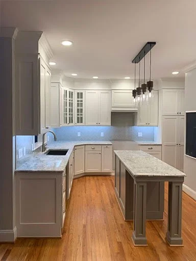 White Kitchen with Gray Island