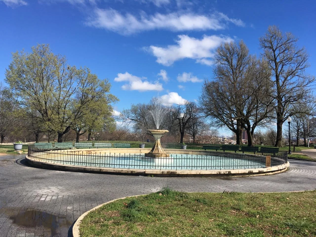 The Marble Fountain The fountain, designed by George A. Frederick who also designed and built Baltimore’s City Hall, was the very first architectural element erected in Patterson Park in 1865. It was also one of the first restoration projects undertaken after years of neglect and vandalism left it dilapidated and inoperative. In 2003, the fountain was completely restored with assistance from a $100,000 grant from the TKF Foundation. The TKF Foundation funds parks and landscape projects that fulfill the goal of creating “open spaces” and “sacred places". The fountain is once again a gathering space for the community to socialize, as well as a spot to quietly enjoy the soothing sounds of the fountain’s cascading water. It is also the location of the Friends of Patterson Park’s annual Wine Tasting Fundraiser.
