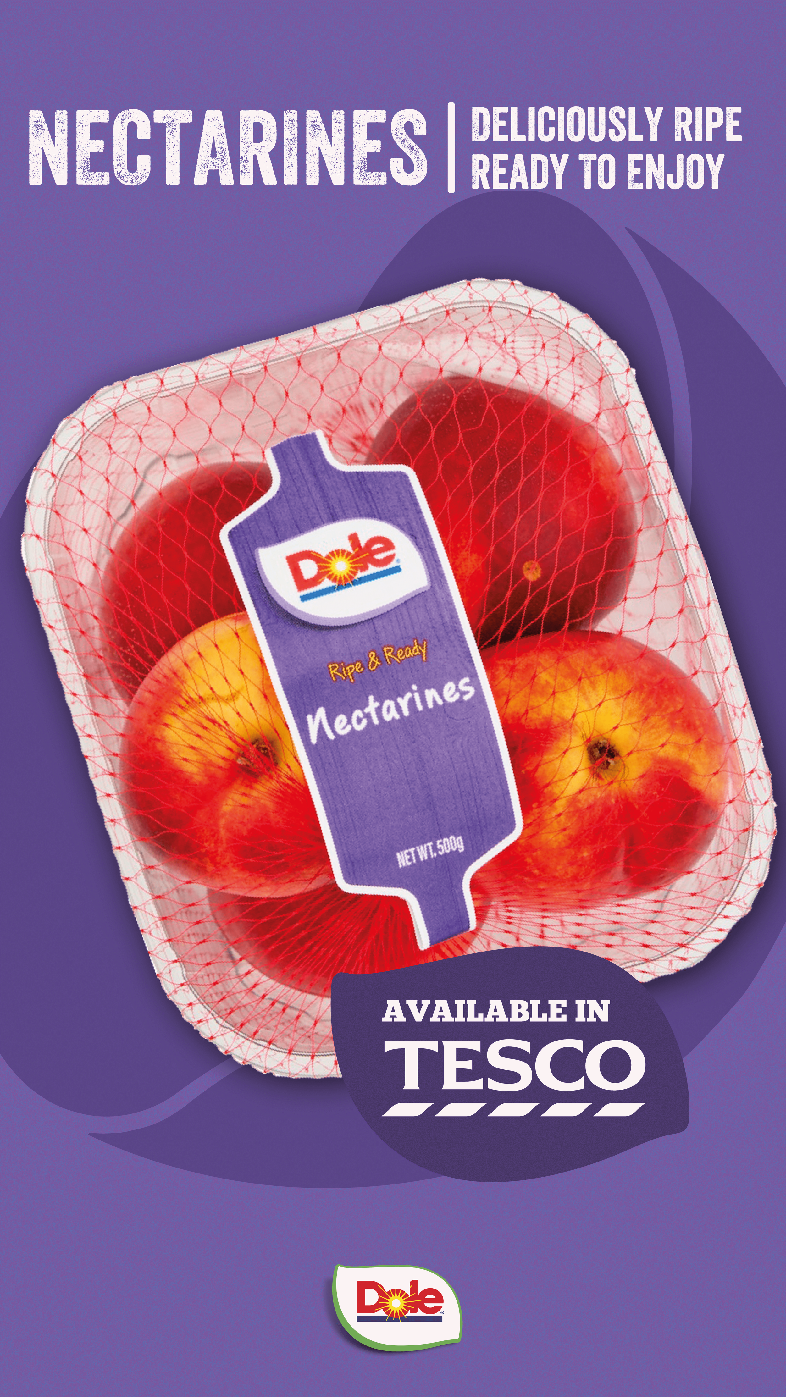 A package of Dole nectarines with a label showing four nectarines inside a mesh bag. The package indicates they are ripe and ready to eat and available at Tesco.