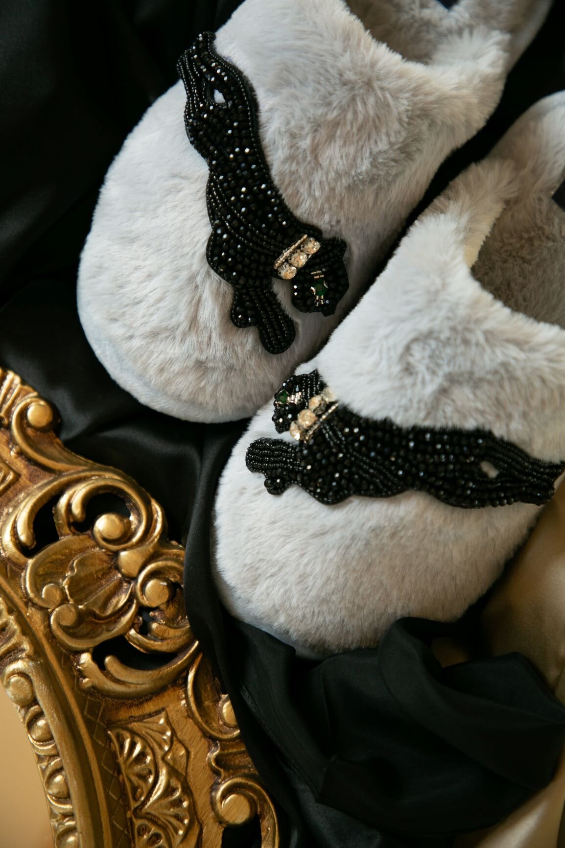 Grey Panther Slippers Detail and Black Silk Scarf 1.JPG