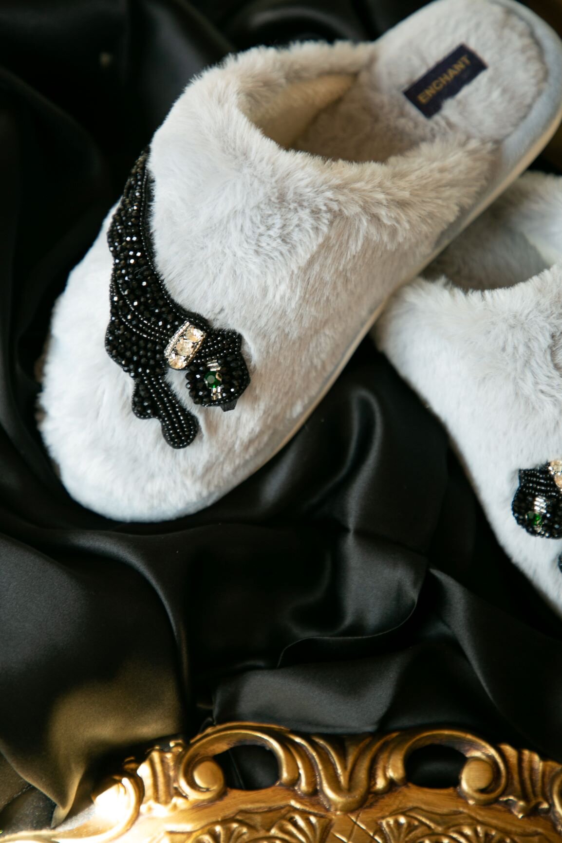 Grey Panther Slippers Detail and Black Silk Scarf 3.JPG