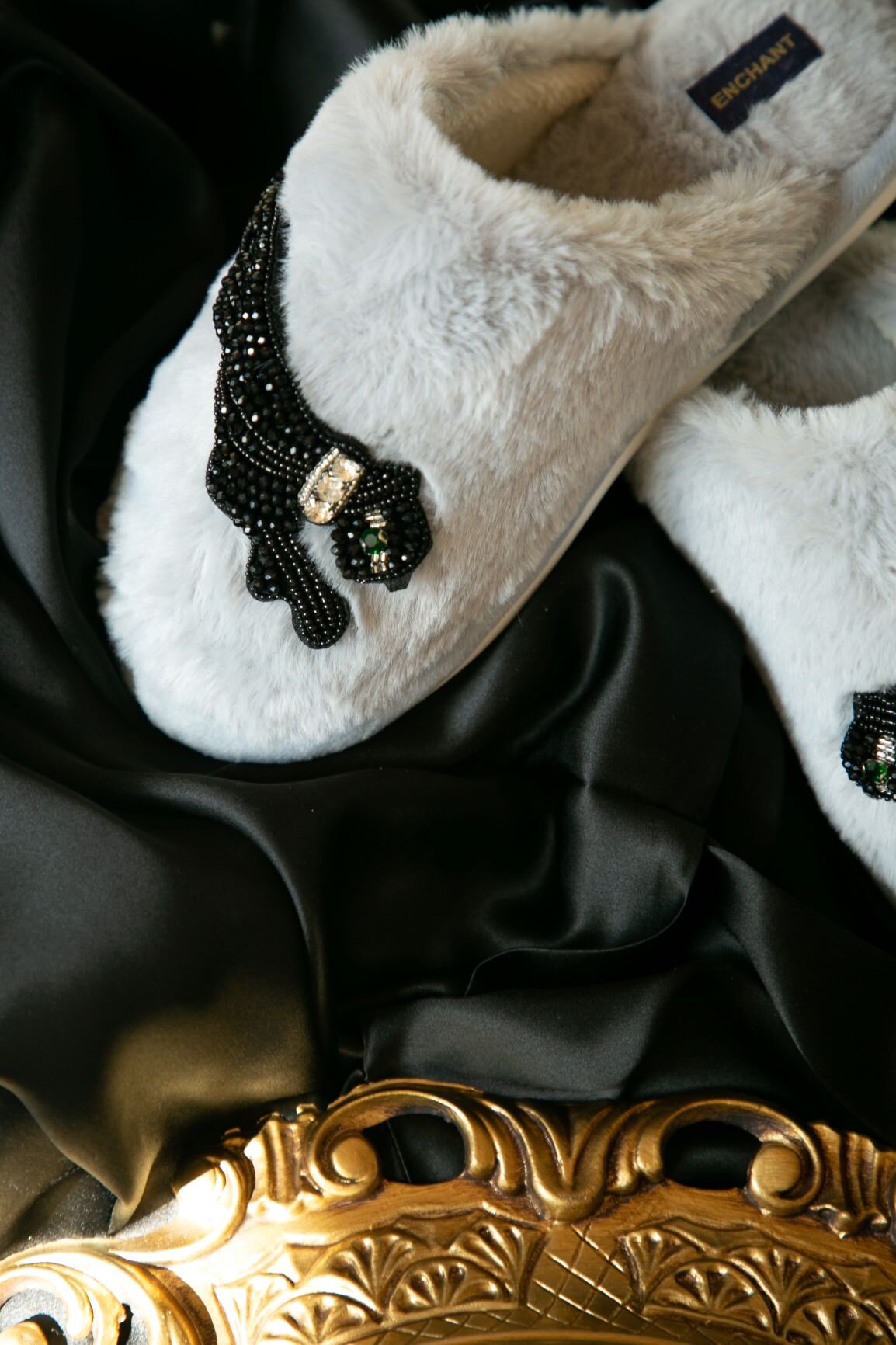 Grey Panther Slippers Detail and Black Silk Scarf 2.JPG