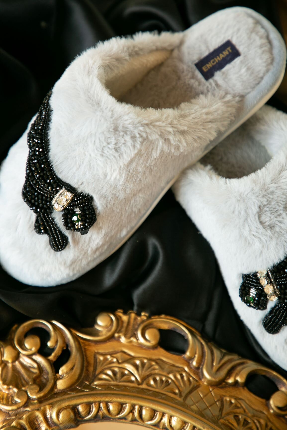 Grey Panther Slippers Detail and Black Silk Scarf 4.JPG