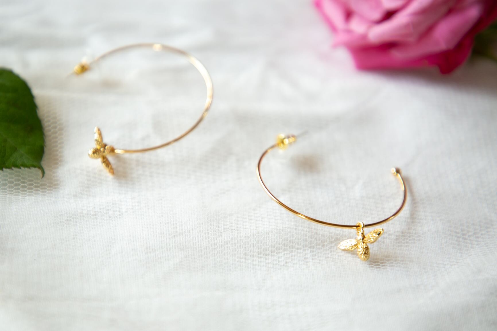 Large (60mm) Gold Plated Hoops and Bee Charm.JPG