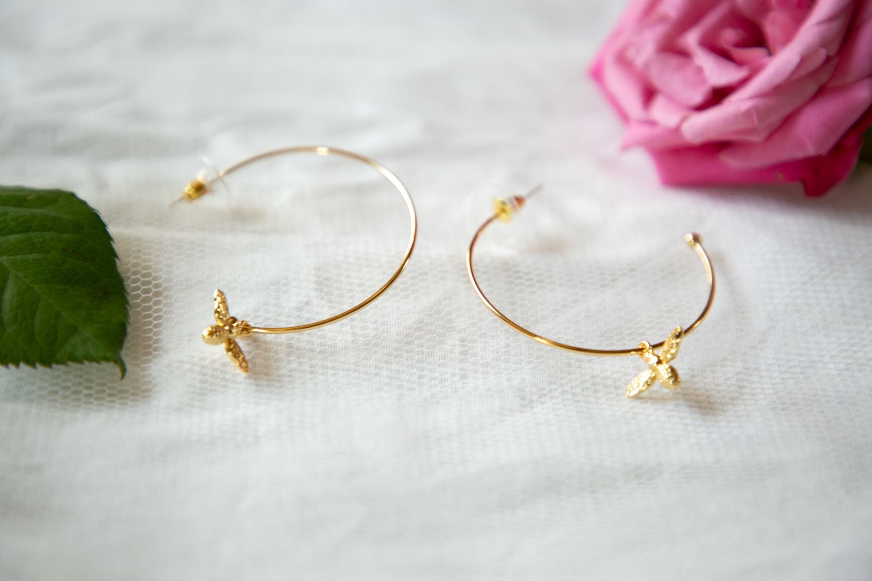 Medium (40mm) Gold Plated Hoops and Bee Charm 2.JPG