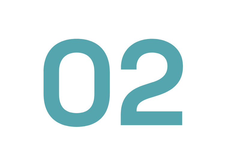 Large teal number '02' on a white background.