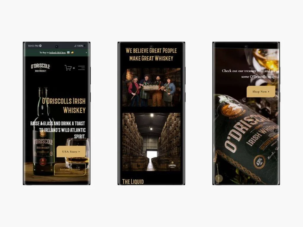 Three smartphones displaying different pages of a whiskey brand's website, featuring Irish whiskey bottles, a group of people, and whiskey packaging.