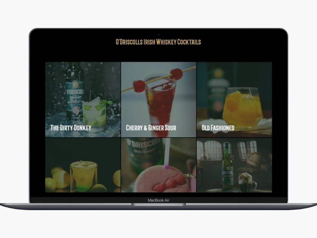 Laptop screen displaying a menu of six Irish whiskey cocktails with images and names.