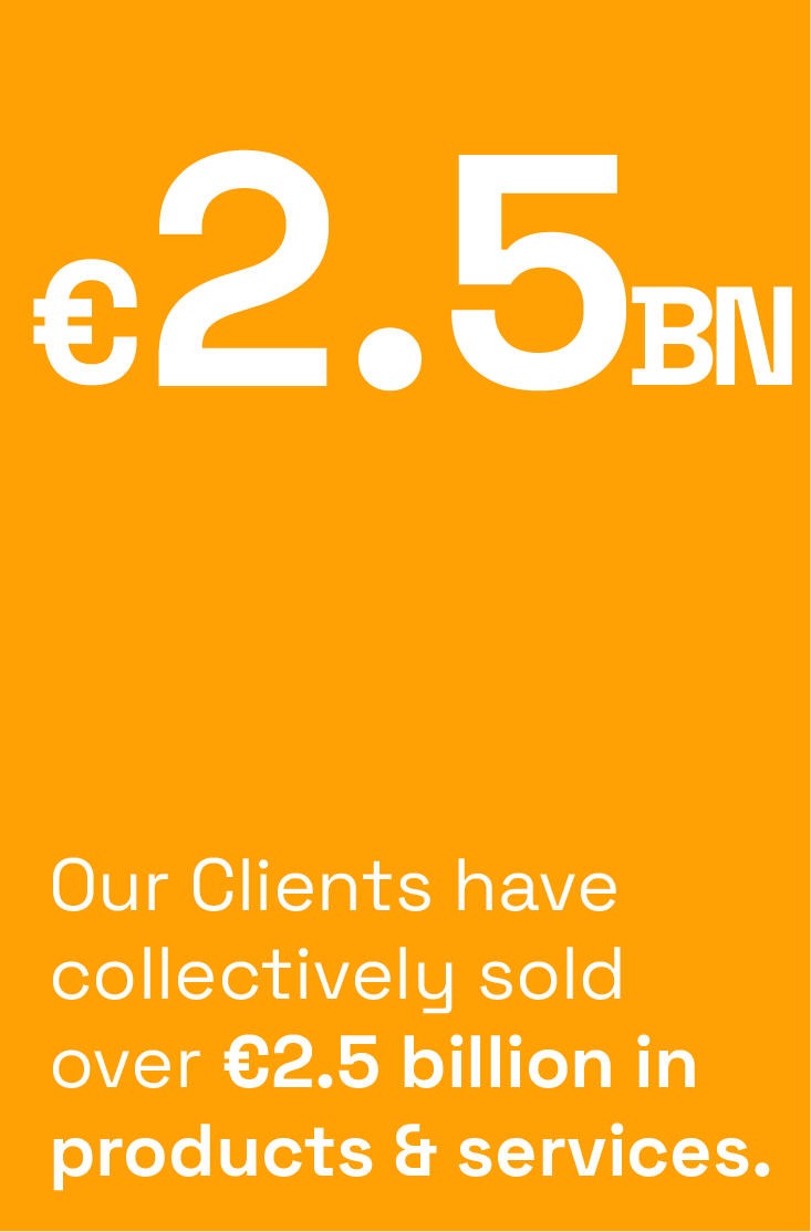 Orange background with white text displaying a large €2.5BN price and a statement about clients selling over €2.5 billion in products and services.