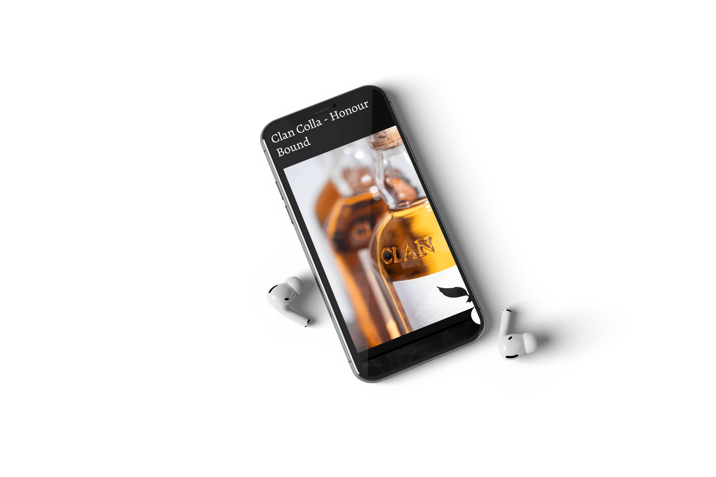 Smartphone displaying a bottle of Clan Colla- Honour Bond whiskey, with wireless earbuds placed around it on a white surface.