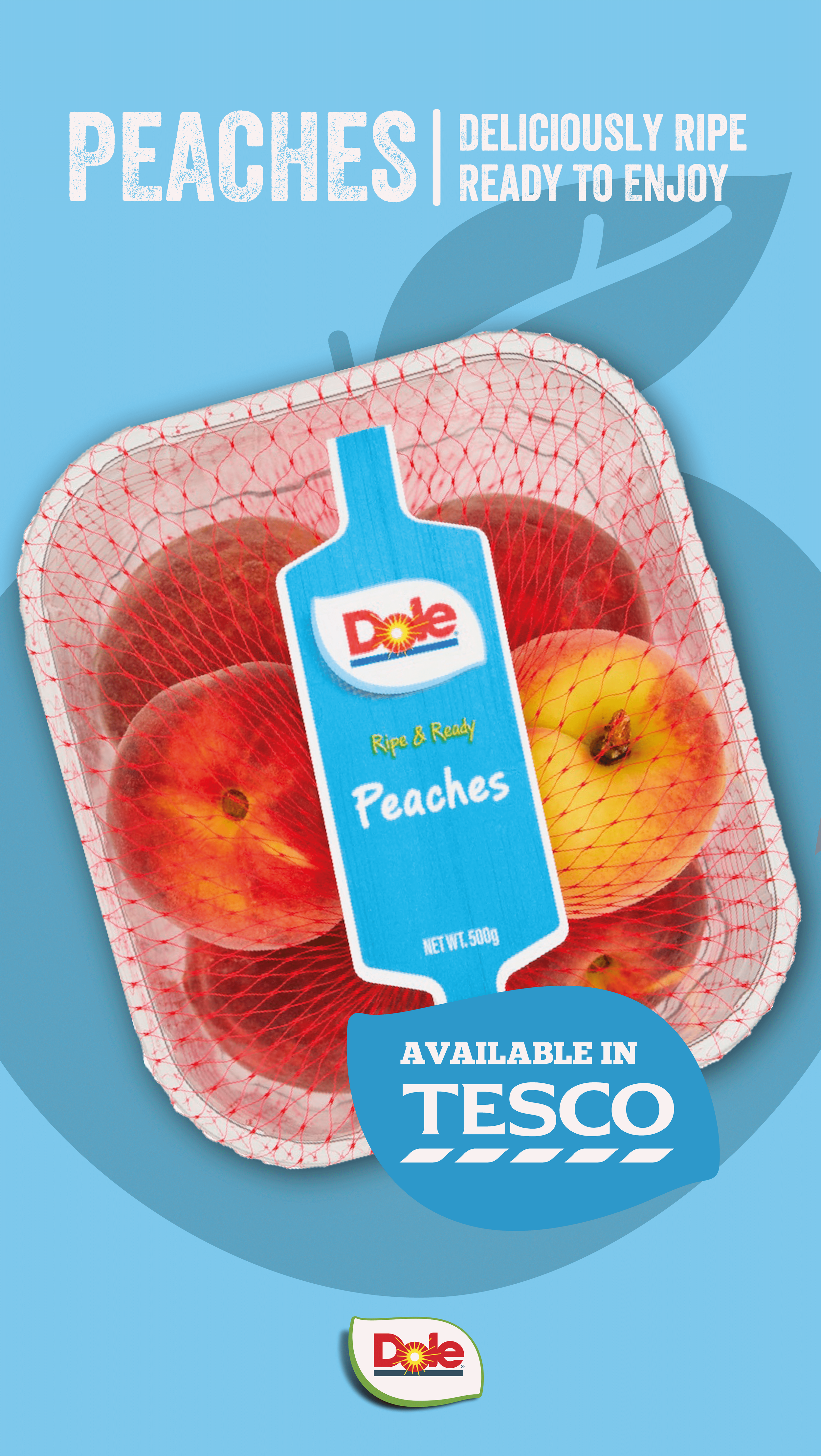 Packaging of fresh peaches from Dole, showing a plastic container with three peaches inside, labeled 'Ripe & Ready Peaches', on a blue background with text indicating availability at Tesco.