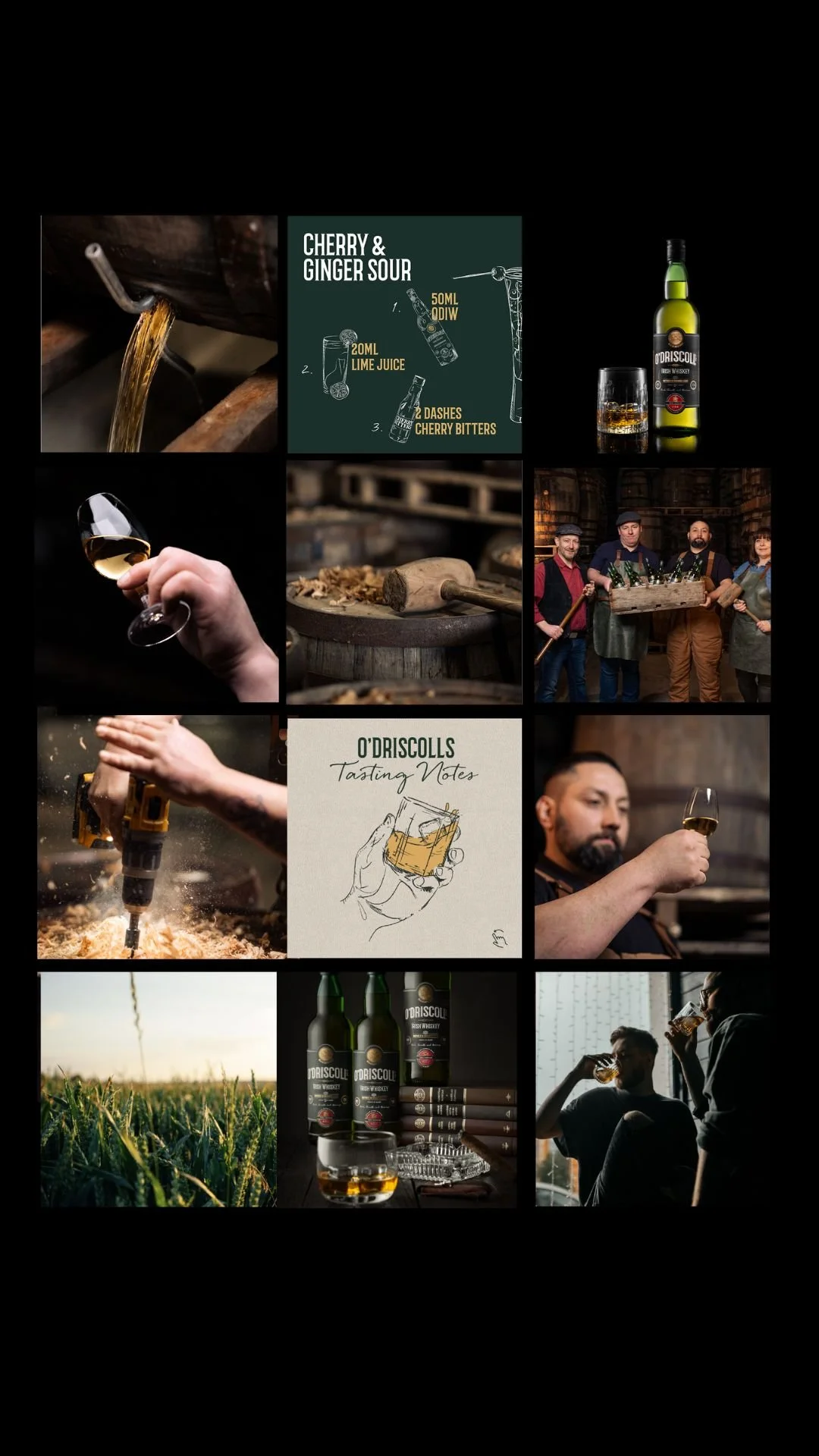 A collage of images showing the process of making and tasting whiskey. Includes pouring whiskey, ingredients for cherry and ginger sour, people holding glasses of whiskey, a person chopping wood, whiskey bottles, and people enjoying whiskey tasting.