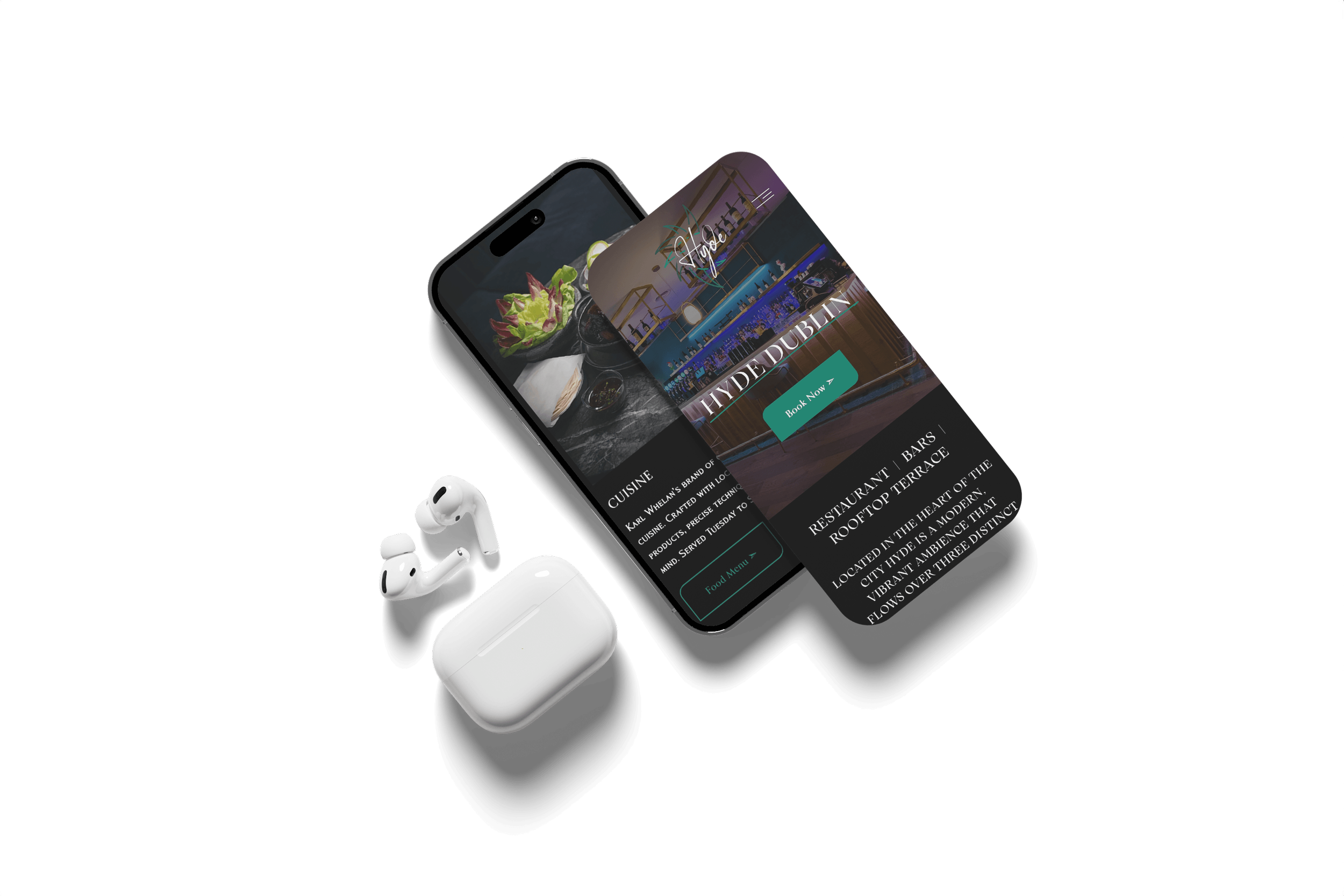 Smartphone displaying a website for Hyde Dublin restaurant, with a background image of a bar and a green 'Book Now' button, accompanied by wireless earbuds and their case.