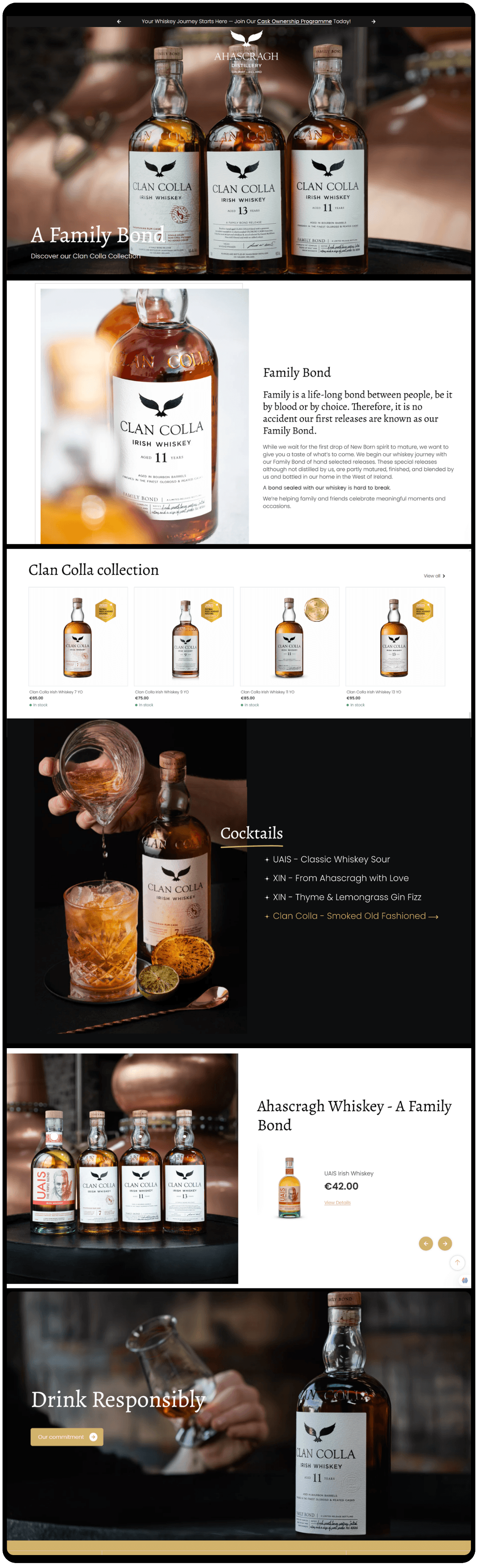 An online webpage showcasing Clan Colla Irish whiskey bottles, including various editions and cocktails, with descriptions about family bonds and responsible drinking.