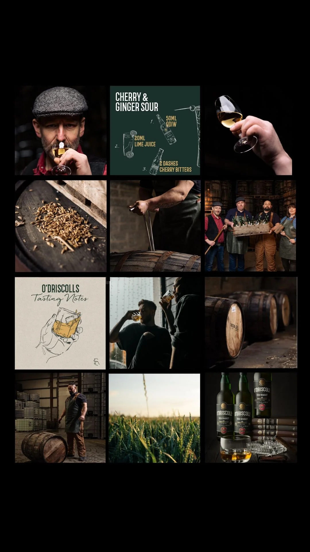 Collage of images related to whiskey production and tasting, including a man tasting whiskey, a whiskey recipe, barley grains, barrels, distillery workers, whiskey bottles, tasting notes sketch, two people tasting whiskey, a field of barley, and whiskey bottles on a table.