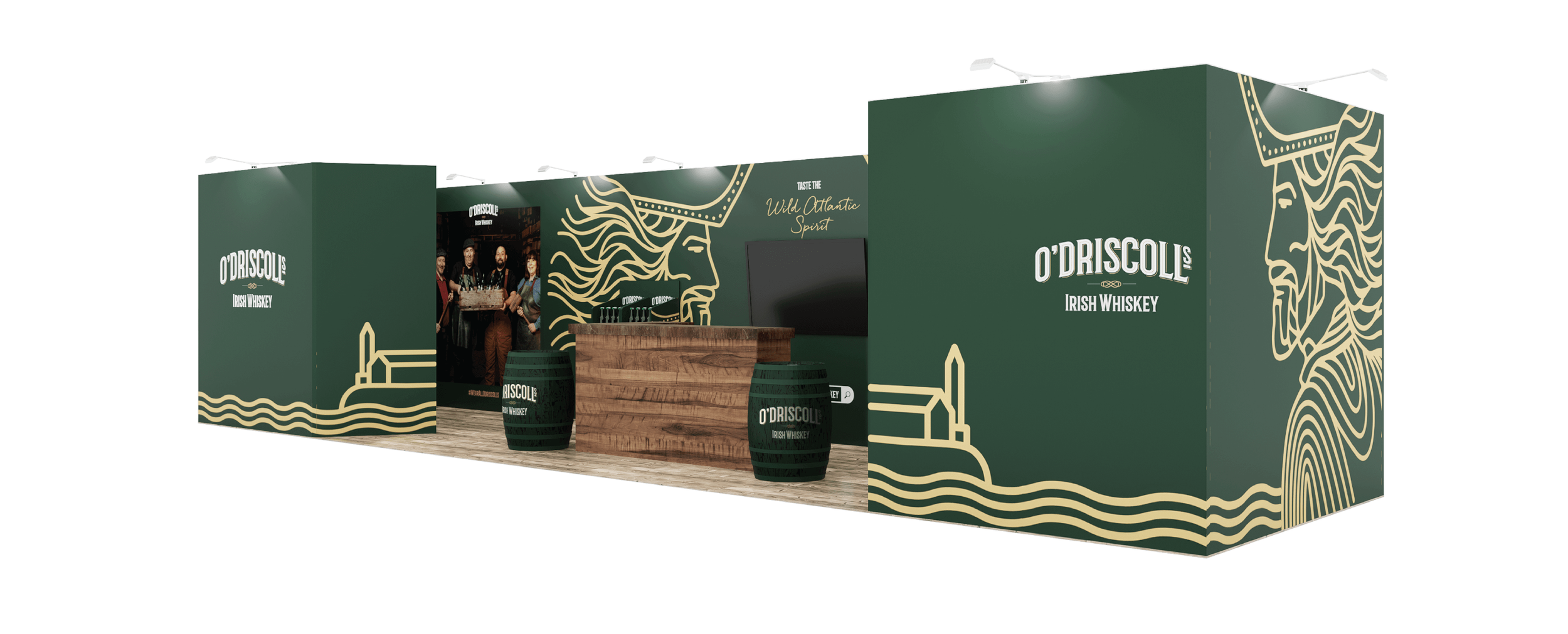 Exhibition booth promoting O'Driscoll Irish Whiskey with a green and gold color scheme, featuring a bar counter, whiskey barrel tables, a large graphic of a woman's face with flowing hair, and a photo of people holding whiskey bottles.